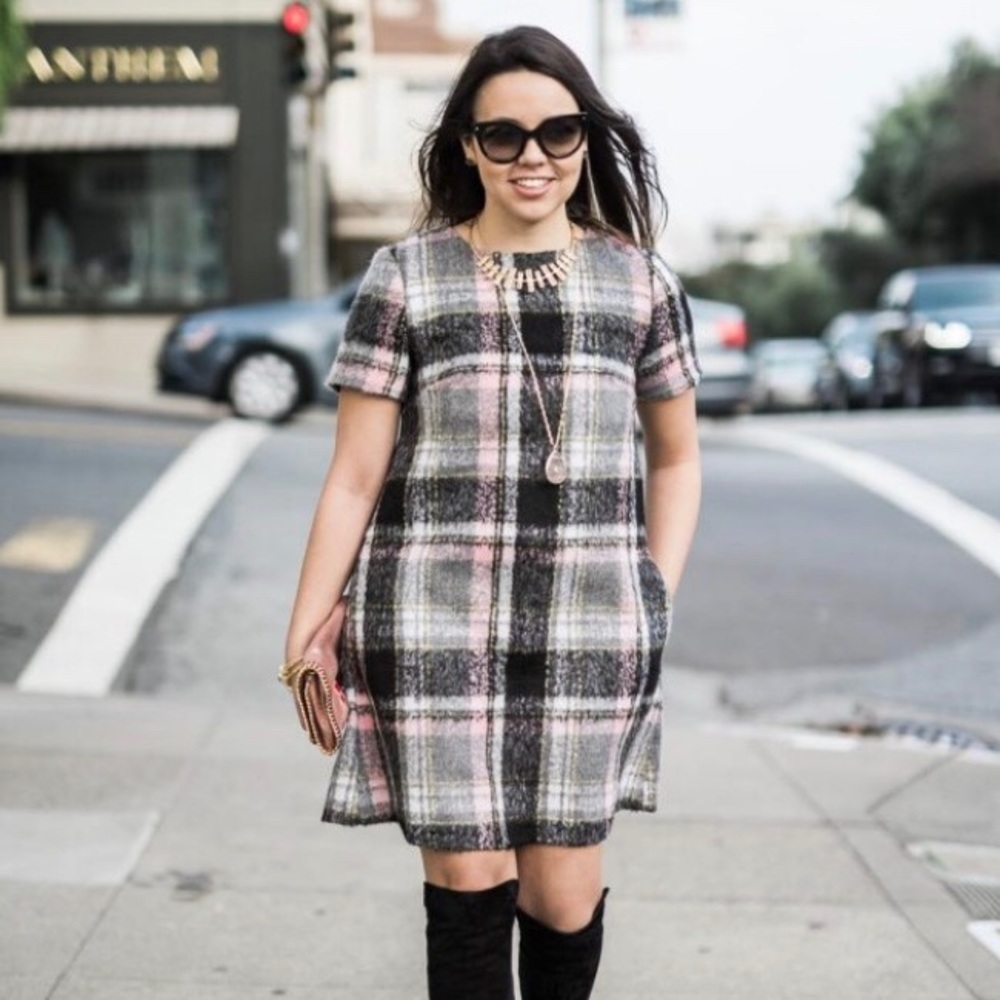 Anthropologie’s line and dot frontier plaid dress